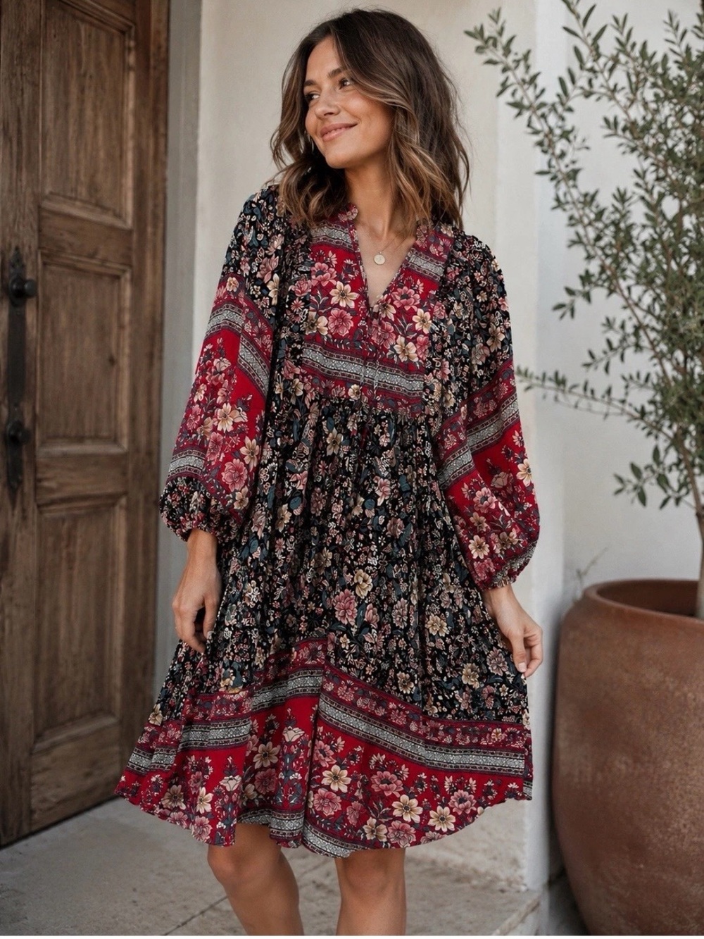 Gigio USA Bohemian Blossom Floral Puff 3/4 Sleeve Dress Small